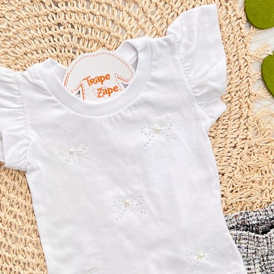 Conj. Blusa Laço de Strass com Pérola e Short Tweed - Branco